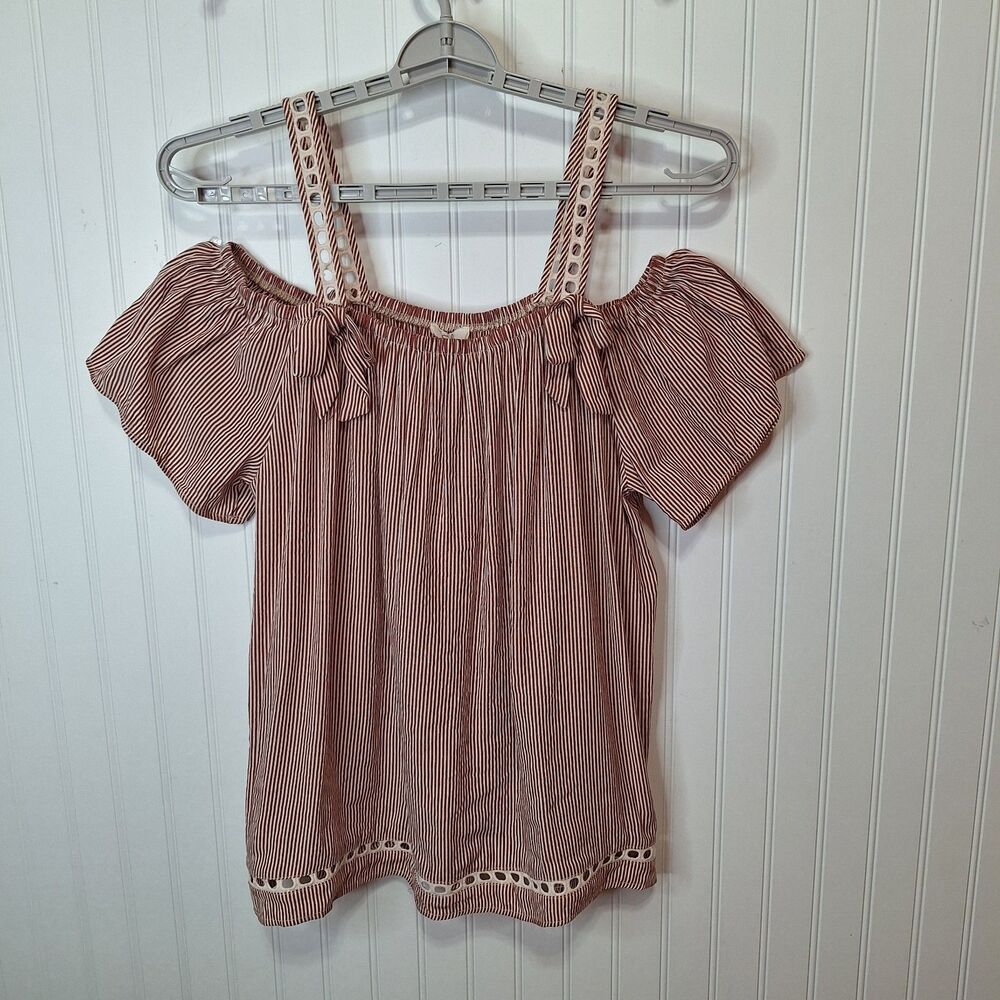 Easel Women’s Striped Off The Shoulder Top Size 1X Straps Bows Crochet Cutouts
